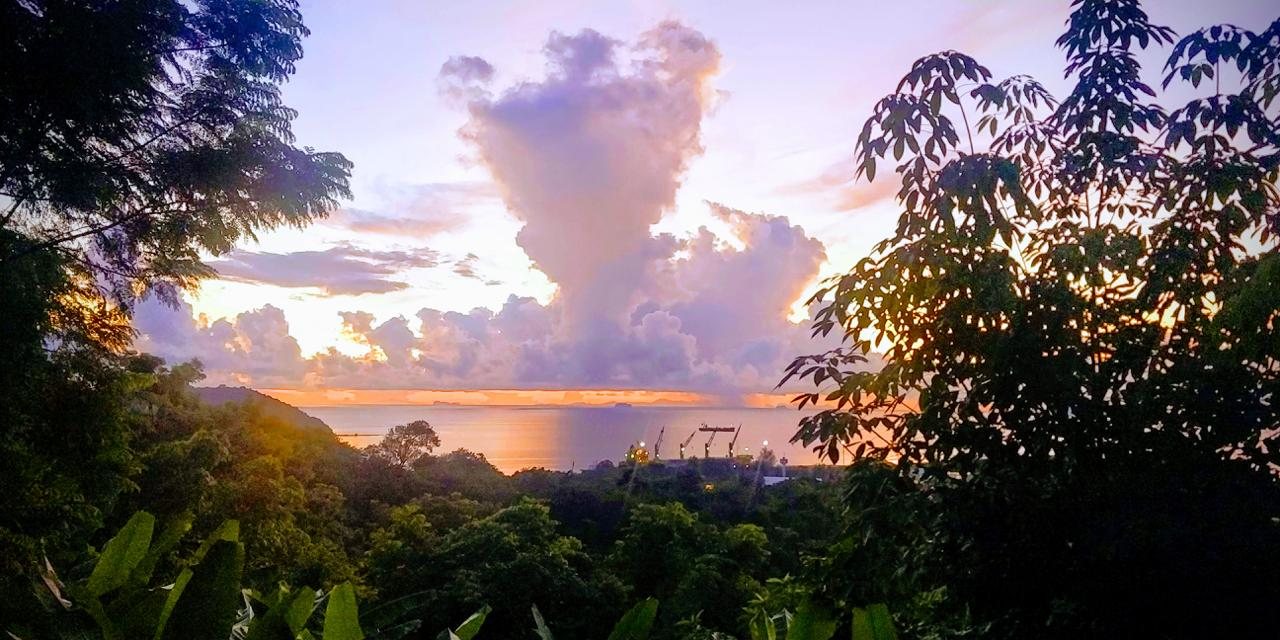 The view from The Nest at sunset — a towering cumulus cloud lit gold and pink rises over the Andaman Sea, with islands on the horizon and jungle treetops in the foreground